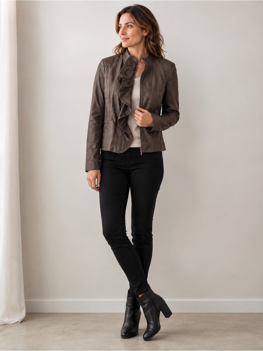 Boston Proper 100% Leather Asymmetrical Ruffle Zip Jacket Size 6
